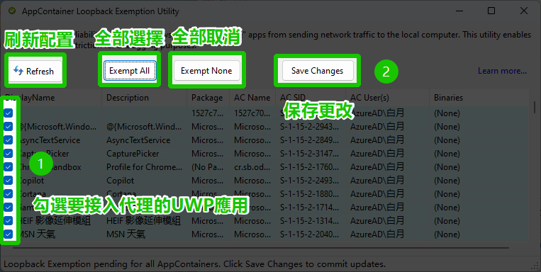 UWP 回环代理工具中勾选应用并保存