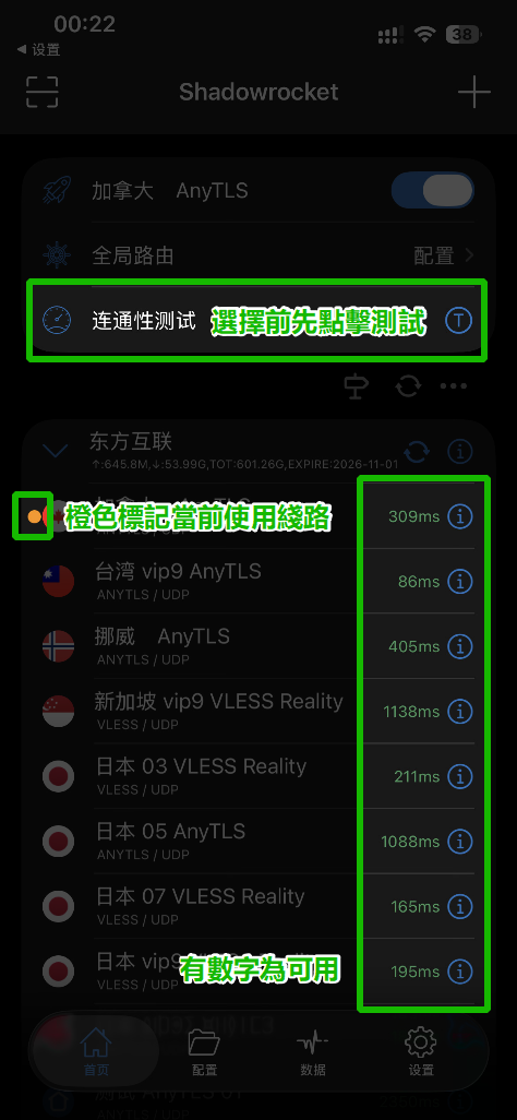 点击连通性测试，选择为绿色延迟可联通且想要使用的地区